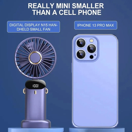 Handheld Foldable Mini Fan – 5-Speed USB Rechargeable with Neck Strap & Phone Stand