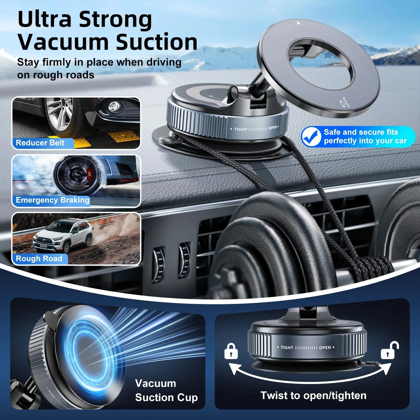 360° Magnetic Car Phone Holder – Vacuum Suction Mount for Dashboard or Windshield