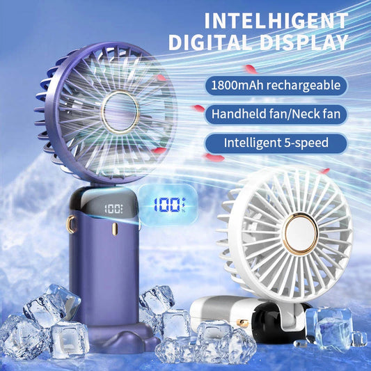 Handheld Foldable Mini Fan – 5-Speed USB Rechargeable with Neck Strap & Phone Stand