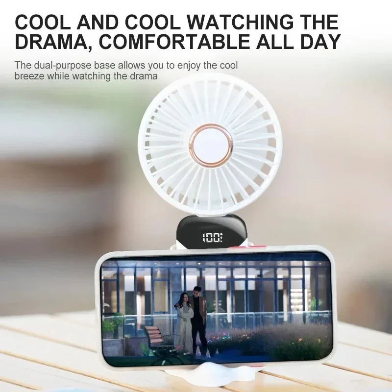 Handheld Foldable Mini Fan – 5-Speed USB Rechargeable with Neck Strap & Phone Stand