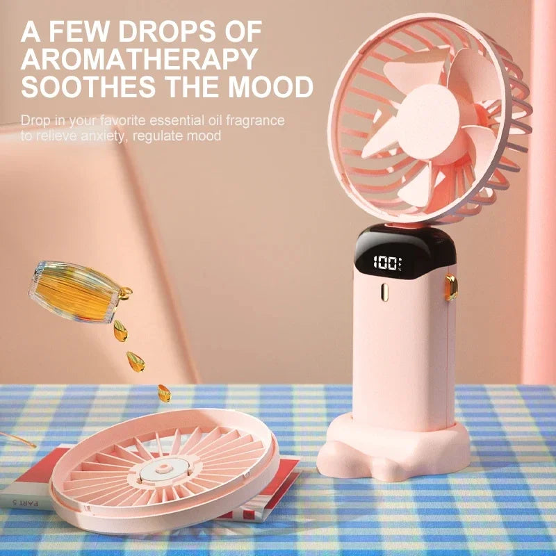 Handheld Foldable Mini Fan – 5-Speed USB Rechargeable with Neck Strap & Phone Stand