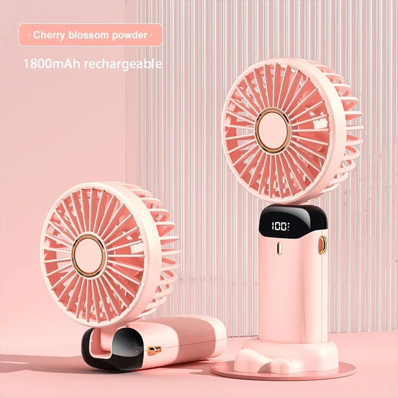 Handheld Foldable Mini Fan – 5-Speed USB Rechargeable with Neck Strap & Phone Stand