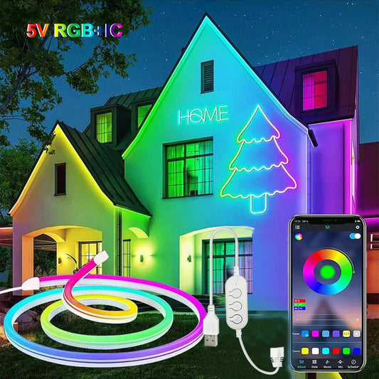 5V USB RGBIC Neon LED Strip – 1-5M Waterproof with Bluetooth & Remote